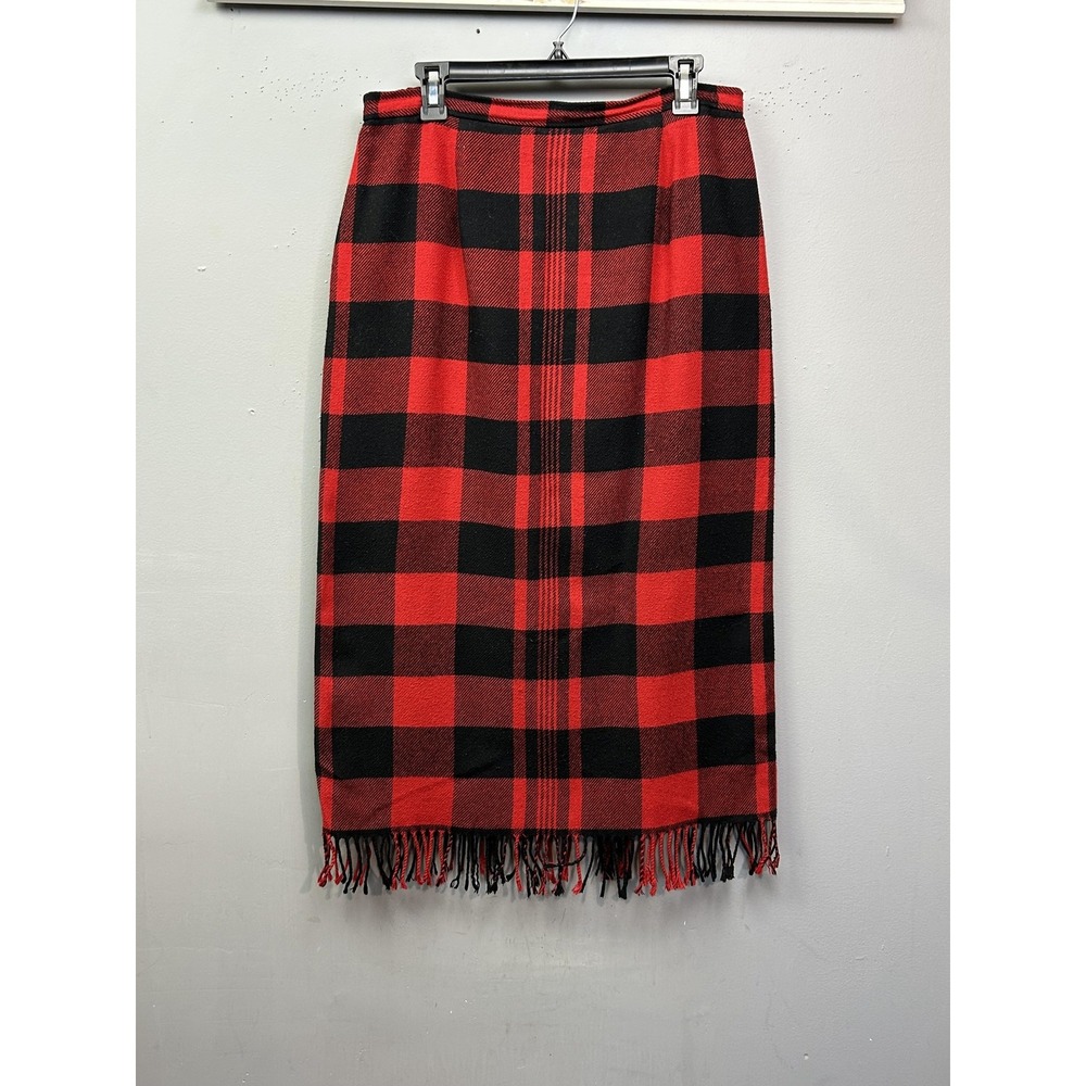 Studio C Skirt Women 14 Red Black Buffalo Plaid Fringe Hem Pencil Midi Wool